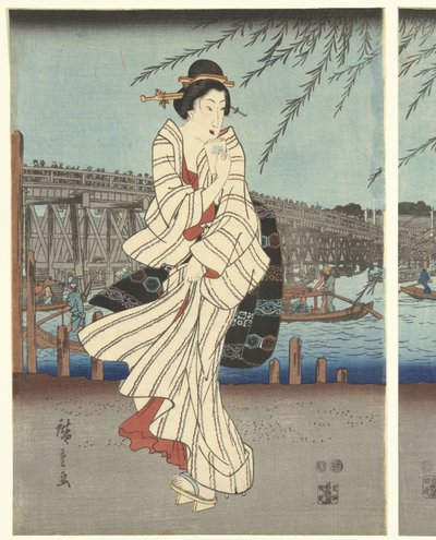 Slavná místa ve východním hlavním městě: Užijte si večerní vánek u mostu Ryogoku od Hiroshige (I) , Utagawa