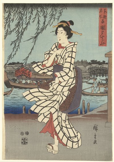 Slavná místa ve východním hlavním městě: Užijte si večerní vánek u mostu Ryogoku Toto meisho Ryogoku no yusuzumi (název na objektu) od Hiroshige (I) , Utagawa