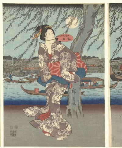 Slavná místa ve východním hlavním městě: Užijte si večerní vánek u mostu Ryogoku od Hiroshige (I) , Utagawa