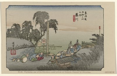 Fujikawa No. 38. Fujikawa: one of the fifty-three noted places on Tokaido, painted by Hiroshige (title on object) De Tôkaidô van Hiroshige (series title) Hiroshige no fude Tôkaidô (series title on object) od Hiroshige (I) , Utagawa
