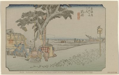 Fukuroi č. 28. Fukuroi: jedno z padesáti tří známých míst na Tokaidu, namaloval Hiroshige (název na objektu) De Tôkaidô van Hiroshige (název série) Hiroshige no fude Tôkaidô (název série na objektu) od Hiroshige (I) , Utagawa