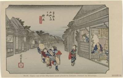 Goyu č. 36. Goyu: jedno z padesáti tří známých míst na Tokaidu, namaloval Hiroshige (název na objektu) De Tôkaidô van Hiroshige (název série) Hiroshige no fude Tôkaidô (název série na objektu) od Hiroshige (I) , Utagawa