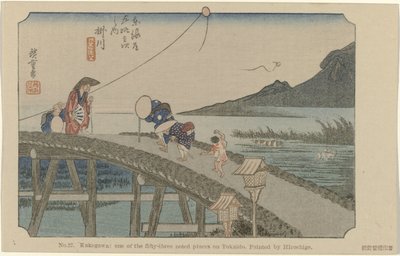 Kakegawa č. 27. Kakegawa: jedno z padesáti tří známých míst na Tokaidu, namaloval Hiroshige (název na objektu) De Tôkaidô van Hiroshige (název série) Hiroshige no fude Tôkaidô (název série na objektu) od Hiroshige (I) , Utagawa