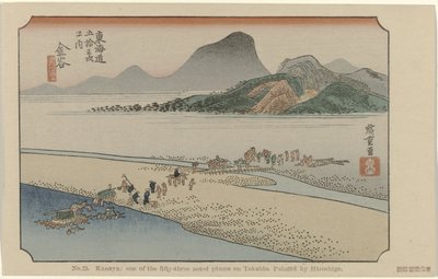Kanaya Č. 25. Kanaya: jedno z padesáti tří známých míst na Tokaidu, namaloval Hiroshige (název na objektu) De Tôkaidô van Hiroshige (název série) Hiroshige no fude Tôkaidô (název série na objektu) od Hiroshige (I) , Utagawa