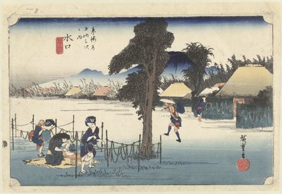 Minakuchi, het beroemde streetproduct kanpyo Minakuchi, meibutsu kanpyo De 53 stanic van de Tokaido (název série) Tokaido gojusan tsugi no uchi (název série na objektu) od Hiroshige (I) , Utagawa