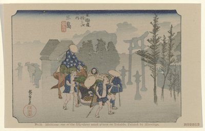Mishima Č. 12. Mishima: jedno z padesáti tří významných míst na Tokaidu. Maloval Hiroshige De Tôkaidô van Hiroshige (název série) Hiroshige no fude Tôkaidô (název série na objektu) od Hiroshige (I) , Utagawa