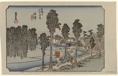 Namazu Č. 13: Namazu: jedno z padesáti tří významných míst na Tokaidu. Maloval Hiroshige (název na objektu) De Tôkaidô van Hiroshige (název série) Hiroshige no fude Tôkaidô (název série na objektu) od Hiroshige (I) , Utagawa