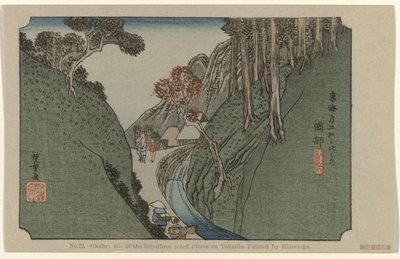 Okabe č. 22. Okabe: jedno z padesáti tří známých míst na Tokaidu, namaloval Hiroshige (název na objektu) De Tôkaidô van Hiroshige (název série) Hiroshige no fude Tôkaidô (název série na objektu) od Hiroshige (I) , Utagawa