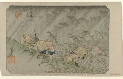 Shono Č. 46. Shono: jedno z padesáti tří známých míst na Tokaidu, namaloval Hiroshige (název na objektu) De Tôkaidô van Hiroshige (název série) Hiroshige no fude Tôkaidô (název série na objektu) od Hiroshige (I) , Utagawa