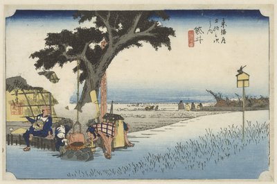 Theehuis in de buitenlucht ve Fukuroi Fukuroi, dechaya no zu (název na objektu) De 53 stanic van de Tokaido (název série) Tokaido gojusan tsugi no uchi (název série) od Hiroshige (I) , Utagawa