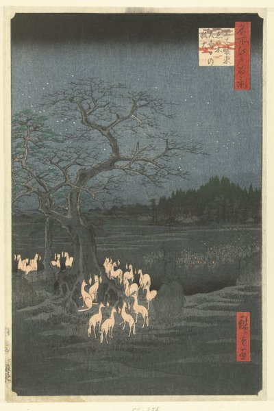 Foxfire na Silvestra na kopřivovém stromu Shozoku v Oji Oji Shozoku enoki omisoka no kitsunebi (název na objektu) Sto slavných tváří na Edo (název série) Meisho Edo hyakkei (název série na objektu) od Hiroshige (I) , Utagawa