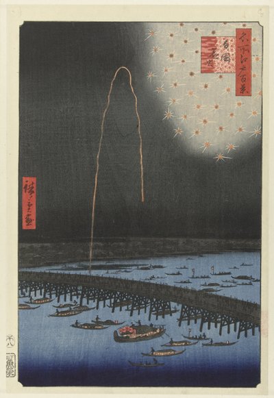 Ohňostroj na mostě Ryogoku Ryogoku hanabi (název na objektu) Sto slavných tváří na Edo (název série) Meisho Edo hyakkei (název série na objektu) od Hiroshige (I) , Utagawa