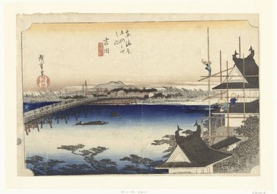 Yoshida, de brug nad rivier de Toyo Yoshida, Toyokawabashi (titul na objektu) De 53 stanic van de Tokaido (název série) Tokaido gojusan tsugi no uchi (název série na objektu) od Hiroshige (I) , Utagawa