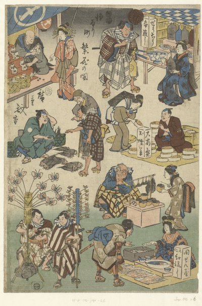 Sedm stánků na nočním trhu v ulici Joruri Obrázek prosperity v ulici Joruri (název série) Jorurimachi hanka no zu (název série na objektu) od Hiroshige (I) , Utagawa