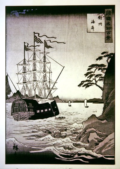 Černá (evropská) loď na pobřeží Tsushima od Hiroshige II