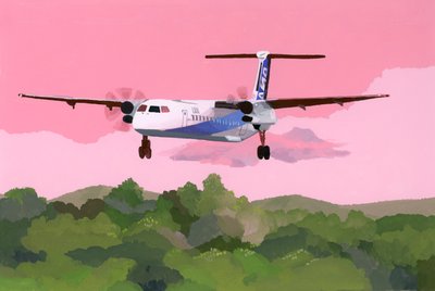 Přistání letadla na malém letišti, 2015 (kvaš na papíře) od Hiroyuki Izutsu