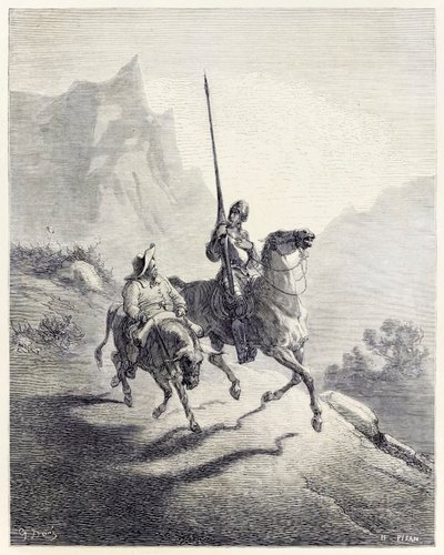 „Don Quijote a Sancho vyjíždějící“ z filmu „Don Quijote“ od Miguela de Cervantese (rytina) od Héliodore Joseph Pisan