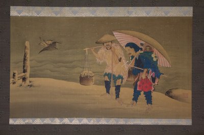 Monkey Showman a Porter in the Snow, 19. století. od Hokuga