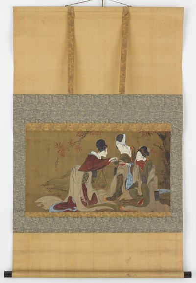 Tři shirabyoshi pijící saké zahřáté nad ohněm podzimního listí, období Edo, 1800-1850. od Hokuga