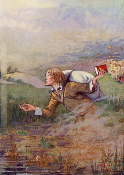 "Kristián se kvůli břemenu, které měl na zádech, začal propadat do bahna" (barevná litografie). od Honor Charlotte Appleton