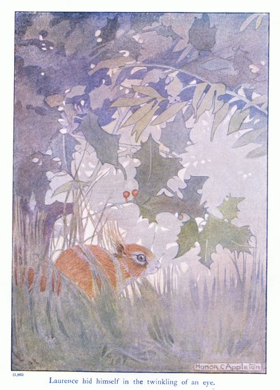 Laurence se skryl v mžiku oka, ilustrace z „Více o veverkách“ od Eleanor Tyrell, kolem roku 1915 (barevné lito) od Honor Charlotte Appleton