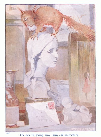 Veverka vyskočila sem, tam a všude, ilustrace z „Více o veverkách“ od Eleanor Tyrell, kolem roku 1915 (barva litho) od Honor Charlotte Appleton