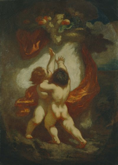 Dvě děti se perou o kus ovoce od Honoré Daumier