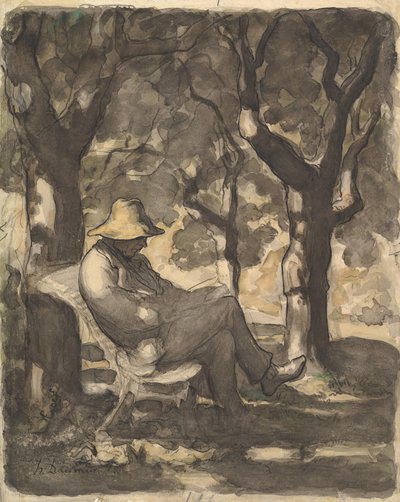 Muž, který čte v zahradě, 1825-79 (wc nad černou křídou, perem a inkoustem, mytím a pastelkou) od Honoré Daumier