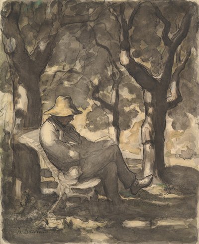 Muž čte v zahradě recto..., ca. 1865. od Honoré Daumier