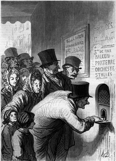 Okno divadla. Kreslený film Honore Daumier (1808-1879). Rytina v „“ Le Monde Illustré““ č. 269 ze 7. června 1862. od Honoré Daumier