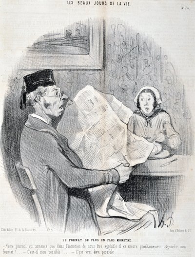 Umělecké dílo Honore Daumiera (1808-1879). Charivari: Serie THE BEAUTY DAYS OF LIFE. Stále monstróznější formát „“ -Naše noviny, které oznamují, že aby vám byly vstřícné, brzy dále rozšíří svůj formát! je to možné bože? „MUZE DES B od Honoré Daumier