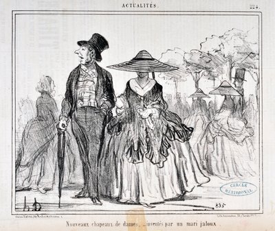 Umělecké dílo Honore Daumier (1808-1879) Charivari pochází z roku 1855: Serie Actualites „“ Nové dámské klobouky, vynalezené žárlivým manželem „“ MUSEE DES BEAUX ARTS - PALAIS LONGCHAMP, MARSEILLE od Honoré Daumier