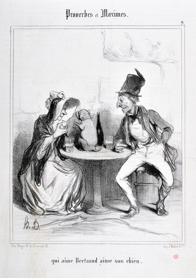 Umělecké dílo Honore Daumiera (1808-1879). Charivari pochází z roku 1840: Serie PROVERBS ET MAXIMES „“kdo miluje Bertranda, miluje svého psa““ MUSEE DES BEAUX ARTS - PALAIS LONGCHAMP, MARSEILLE od Honoré Daumier