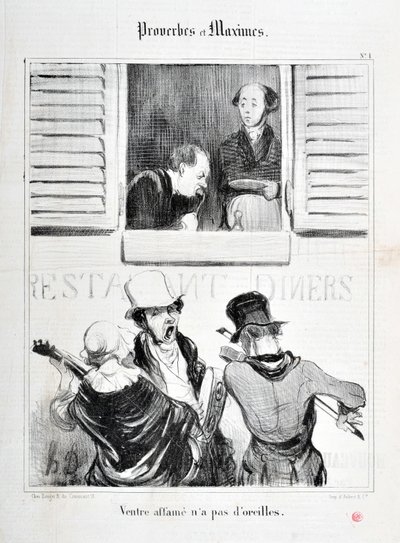 Umělecké dílo Honore Daumiera (1808-1879). Charivari pochází z roku 1840: Serie PROVERBS ET MAXIMES “” Hladovění břicha nemá uši”” ”MUSEE DES BEAUX ARTS - PALAIS LONGCHAMP, MARSEILLE od Honoré Daumier
