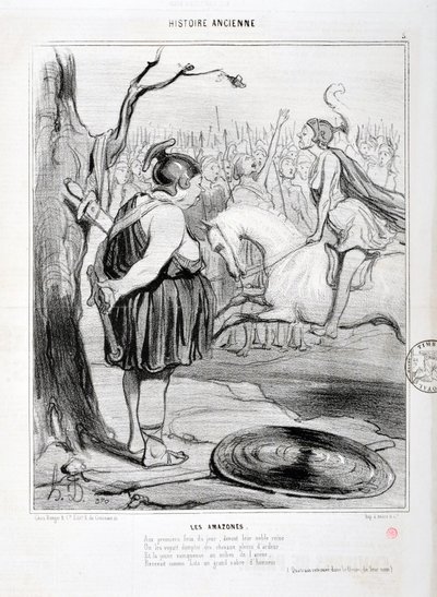 Umělecké dílo Honore Daumiera (1808-1879) Charivari pochází z roku 1842: Serie HISTORIE ANCIE Les Amazones. "" Při prvním požáru toho dne byli před svou vznešenou královnou spatřeni, jak krotí koně plné zápalu. A mladý vítěz uprostřed arény od Honoré Daumier