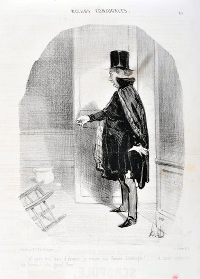 Umělecké dílo Honore Daumiera (1808-1879). Charivari pochází z roku 1842: Serie MORES CONJUALES „“ Nebe po třech měsících nepřítomnosti nacházím svou ženu v demenageu a jaké vzpomínky omývám jejím velkým Bohem! “” MUZEUM VÝTVARNÉHO UMĚNÍ - PALACE LONGCHAMP od Honoré Daumier