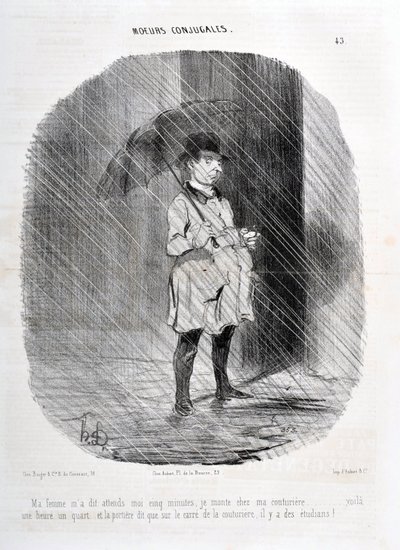 Umělecké dílo Honore Daumiera (1808-1879). Charivari pochází z roku 1842: Serie MORES CONJUALES „“ Moje žena mi řekla, počkejte na mě pět minut, jdu do svého couturiere před hodinou před čtvrt hodinou a na dveřích je napsáno, že na náměstí couturiere jsou  od Honoré Daumier
