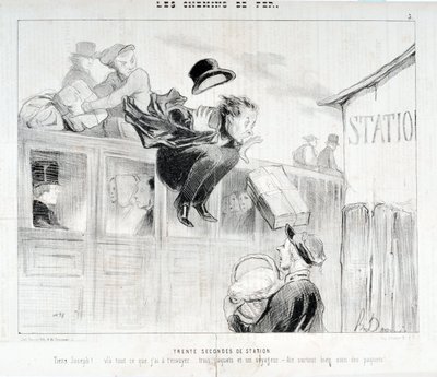 Umělecké dílo Honore Daumiera (1808-1879). Charivari pochází z roku 1843: Serie LES Chemins de fer Třicet sekund stanice „“ -Tiens Joseph! vla vše, co ti mám poslat... tři balíčky a cestovatel - Především péče o balíčky”” MUSEE DES BEAUX ART od Honoré Daumier