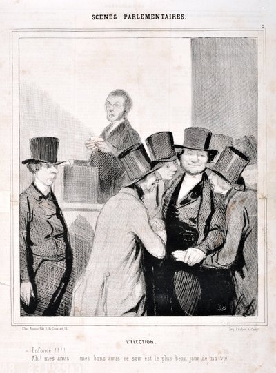 Umělecké dílo Honore Daumiera (1808-1879). Charivari pochází z roku 1843: Serie SCENES PARLAMENTARY. Volební „“ Plavat!!! "Ach, přátelé, moji dobří přátelé, dnešní noc je nejdůležitějším dnem mého života!" MUZEUM VÝTVARNÉHO UMĚNÍ - PALACE LONGCHAMP, MARSEI od Honoré Daumier