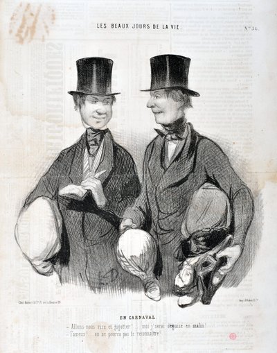 Umělecké dílo Honore Daumiera (1808-1879). Charivari pochází z roku 1845: Serie LES BEAUX DAYS DE LA VIE. V karnevalu "" - Pojďme se smát a higot! Jako chytrý budu zklamaný! Slavný! Nemůžeme vás poznat...“ MUZEUM VÝTVARNÉHO UMĚNÍ - PALACE LONGCHAMP, MARSEI od Honoré Daumier
