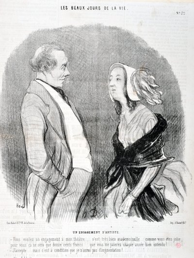 Umělecké dílo Honore Daumiera (1808-1879). Charivari pochází z roku 1845: Serie LES BEAUX DAYS DE LA VIE. Závazek umělce „Chcete závazek k mému divadlu... je to velmi dobré, slečno... jak jste pro vás krásná, bude to jen dvanáct set franků... to od Honoré Daumier