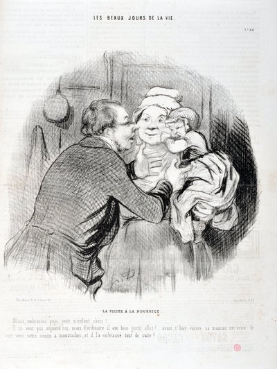 Umělecké dílo Honore Daumiera (1808-1879). Charivari pochází z roku 1848: Serie Les beaux jours de la vie. Návštěva sestřičky - Polibme tatínka malé dítě miláčku - Dnes nechce, ale obvykle...”” MUZEUM VÝTVARNÝCH UMĚNÍ - PALACE LONGCHAMP, MARSEILLE od Honoré Daumier