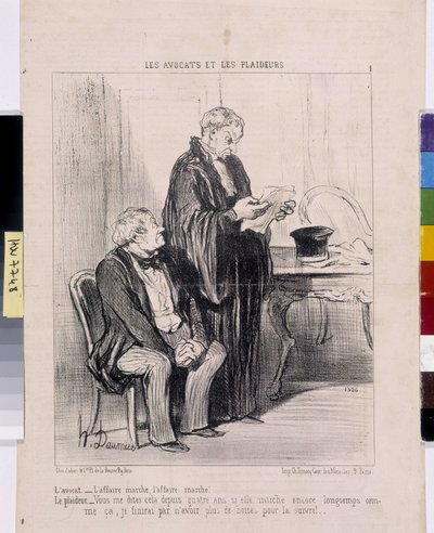 Umělecké dílo Honore Daumiera (1808-1879). Charivari pochází z roku 1851: Serie LES Avocats et les litigants. „Advokát – případ funguje, případ funguje! Soudce – říkáš mi to už čtyři roky, když pořád chodí tak dlouho, že skončím s m od Honoré Daumier