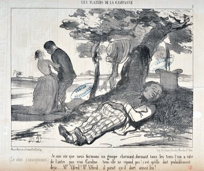 Umělecké dílo Honore Daumiera (1808-1879) Charivari pochází z roku 1853: Serie LES PLAISIRS DE LA CAMPAGNE “” Jsem si jistý, že tvoříme okouzlující skupinu, všichni tři jedna k druhé... není to pravda Caroline... don neodpovídej! Asi už spí od Honoré Daumier