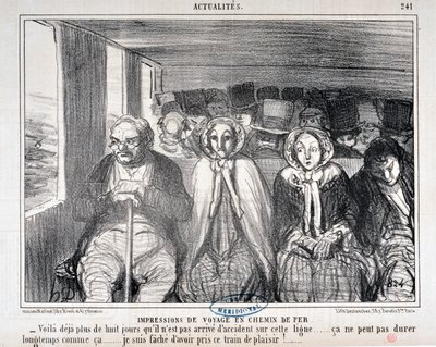 Umělecké dílo Honore Daumiera (1808-1879) Charivari pochází z roku 1855: Serie Actualites de voyage en railroad “” -Tady je více než osm dní, co se na této trati nestala nehoda... takhle to nemůže trvat dlouho. .. Je mi líto, že jsem jel tímto vlakem od Honoré Daumier
