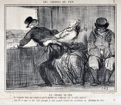 Umělecké dílo Honore Daumiera (1808-1879). Charivari pochází z roku 1858: Serie LES RAILWAYS po železnici “” -Tak se nedívejte tak za dveřmi, neštěstí přichází tak rychle!... “Co mi na tom záleží, vždyť jsem pojištěn proti nehodám na railwa od Honoré Daumier