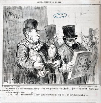 Dílo Honore Daumiera (1808-1879). Charivari pochází z roku 1859: Moje žena mi doporučila, abych jí přivezl svůj portrét z Paříže... Využil jsem výprodeje a koupil tento... -Ale nejste to vy... ca... - Já to vím, udělám t od Honoré Daumier