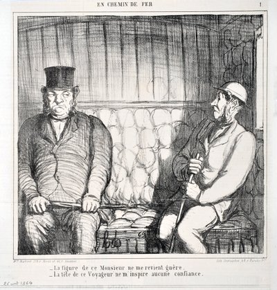 Umělecké dílo Honore Daumiera (1808-1879). Charivari pochází z roku 1864: Serie LES CHAINS DE RAILWAY „“ -Postava tohoto pána se mi nevrátí. - hlava tohoto cestovatele ve mně vzbuzuje nedůvěru””” MUSEE DES BEAUX ARTS - PALAIS LONGCHAMP, MARSE od Honoré Daumier