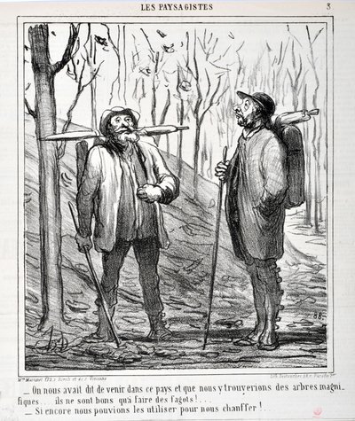 Umělecké dílo Honore Daumiera (1808-1879). Charivari pochází z roku 1864: Serie LES LANDSAGISTS „“ - Bylo nám řečeno, abychom přijeli do této země a že najdeme krásné stromy... jsou dobré na výrobu buřtů!... „Kdybychom je mohli použít k vytápění!. ..“ MUZE od Honoré Daumier