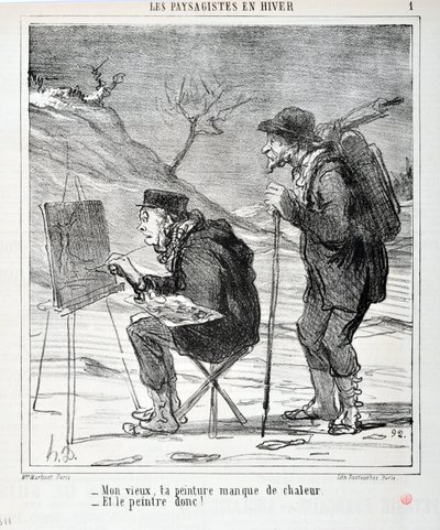 Umělecké dílo Honore Daumiera (1808-1879). Charivari pochází z roku 1864: Serie LES LANDSAGISTS V ZIMĚ “” - Můj starý muži, vašemu obrazu chybí teplo - A malíři ano! “” MUZEUM VÝTVARNÉHO UMĚNÍ - PALACE LONGCHAMP, MARSEILLE od Honoré Daumier
